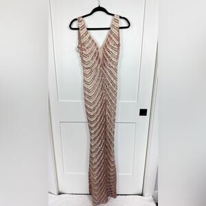 Glory Connection Pink Sequin Beeded Low V Special Occasion Maxi Dress Size XS/S